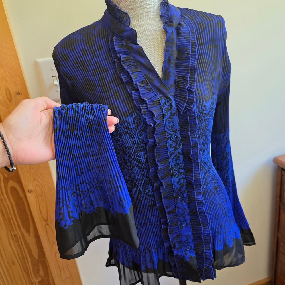 Fairygoth Vamp Ethereal Whimsigoth Belle Sleeve Blue Black Damask Pleated Top L